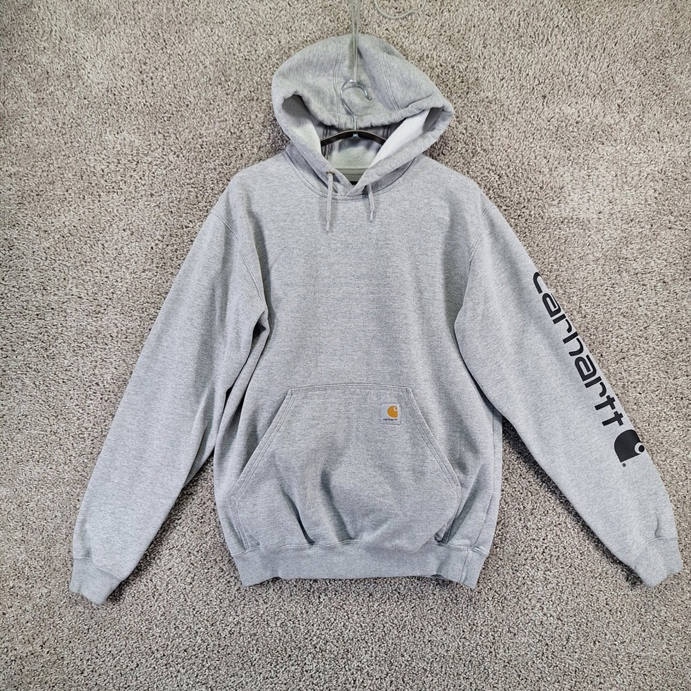 Carhartt Hoodie Mens S Grey Loose Fit Long Sleeve Logo Workwear Outerwear